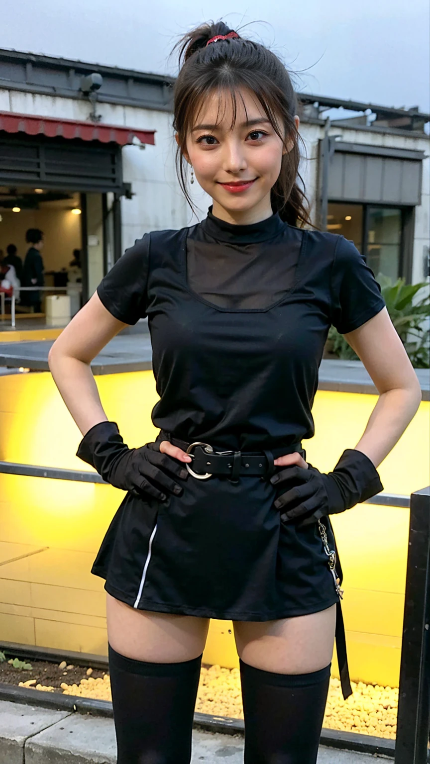 (8K、RAW Photos、Highest quality、masterpiece:1.2)、(Highest quality、Realistic)、1 Girl、((レザーガーターbelt、Side Ponytail、Tube top、Arm Covers、Ninja costume、mini skirt、black、tights、Belly button、Gloves、belt、ribbon、See-through、Thin legs、whole body、boots、City of night、View from the front、Looking into the camera、Stand with hands on hips))、cute