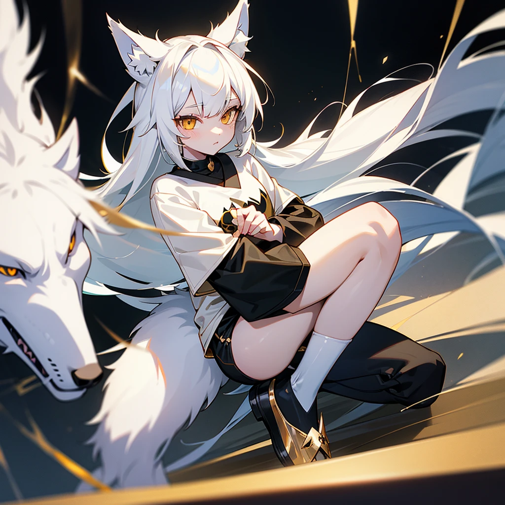wolf girl white hair white wolf ears maximum resolution eyes Gold and black t-shirt black pants and white wolf tail have two white slippers