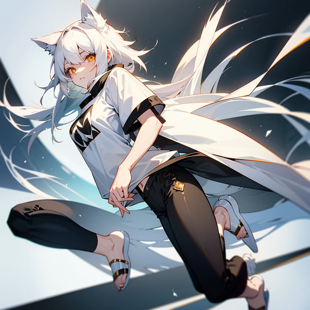wolf girl white hair white wolf ears maximum resolution eyes Gold and black t-shirt black pants and white wolf tail have two white slippers