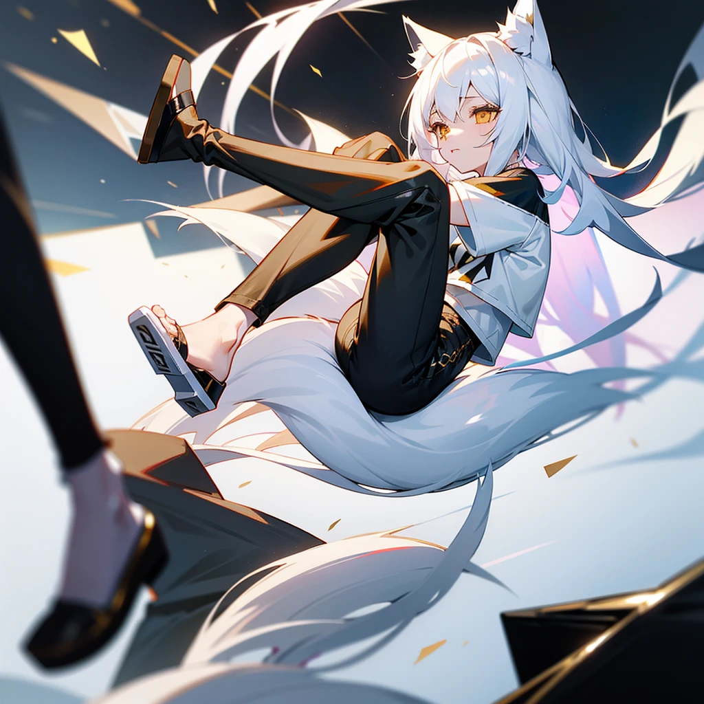 wolf girl white hair white wolf ears maximum resolution eyes Gold and black t-shirt black pants and white wolf tail have two white slippers