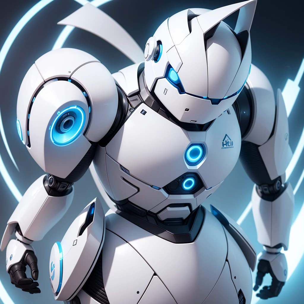 Create a logo that represents a white humanoid robot rabbit with a soft and friendly design. Use rounded edges and blue LED light details to give a sense of accessible and friendly technology