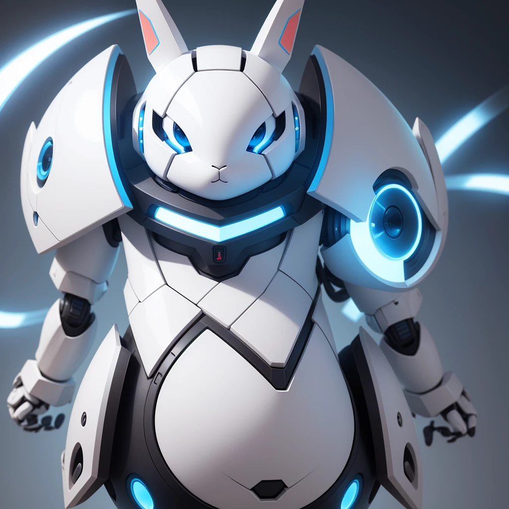 Create a logo that represents a white humanoid robot rabbit with a soft and friendly design. Use rounded edges and blue LED light details to give a sense of accessible and friendly technology