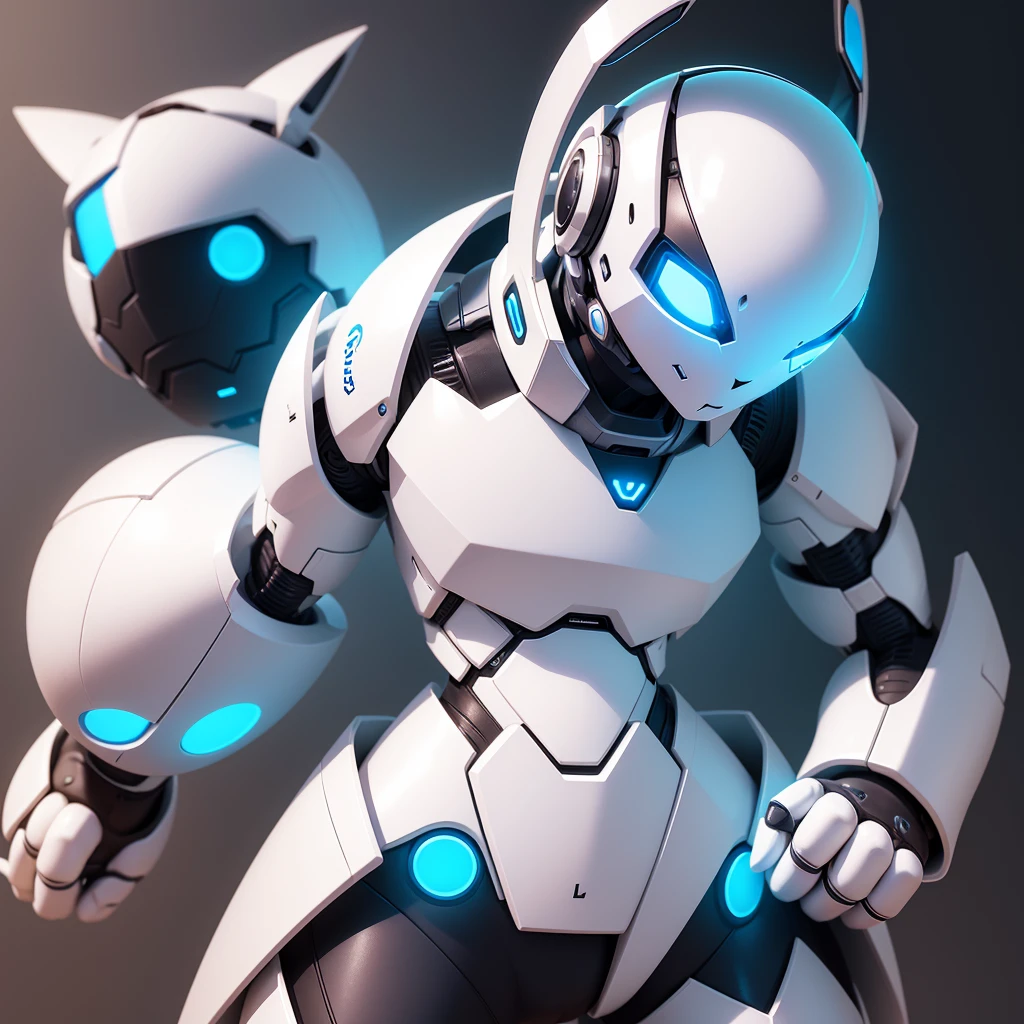 Create a logo that represents a white humanoid robot rabbit with a soft and friendly design. Use rounded edges and blue LED light details to give a sense of accessible and friendly technology