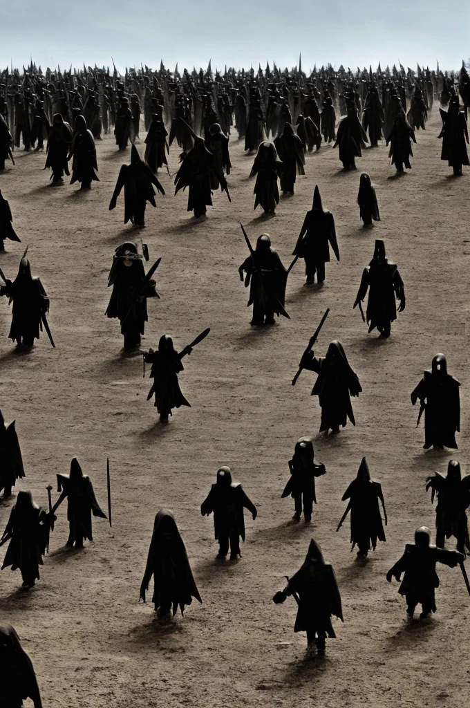 (((dark figures))), (((army))) of dark figures, (((many))) dark figures, marching ((toward the camera)), (barren landscape)