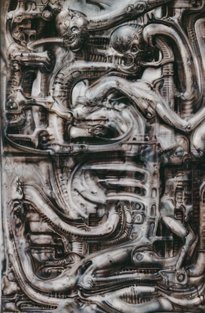 xGiger, Tableau with some of the artistic techniques and compositional features used in /“Biomechanical landscape No 312/” by H r (Hans Rudie) Giger:
The image is a surrealistic artwork featuring an alien robotics humanoid figures, each with a unique design, surrounded with pipes and gears, set against a background of intricate machinery
The central focus of the image is a nightmarish tableau of two biomechanical heads. They are connected by a network of pipes and tubes that appear to be either feeding them or draining them. The heads themselves are elongated and skeletal, with gaping maws. Their eyes are empty sockets, and their expressions are vacant and emotionless.
Heads are humanoid but industrial and ivorysh, with pipes and wires integrated throughout their structure. One face appears to be screaming, the other has its mouth open like a maw. They are surrounded by various mechanical doodads and tubes, and blend seamlessly into the background of industrial machinery.The biomechanical heads could have represented some kind of alien creatures, or they could have been machines that had become sentient
Used Airbrushing is a technique for applying paint using a device that sprays a fine mist. It is often used to create smooth, even coats of paint, and it can be used to create very detailed effects. Giger's use of airbrushing in this image creates a hyperrealistic quality to the biomechanical landscape, making it appear even more alien and unsettling. It is also often used to create very smooth and even gradients of color.
The use of a dark palette with blacks, purplish browns, and grays creates a sense of mystery and dread. The dark colors obscure the details of the image, making it difficult for the viewer to see what they are looking at. This ambiguity adds to the unsettling nature of the work. The dark colors also help to emphasize the biomechanical elements in the painting.
The background features even more machinery, including pipes, gears, and cables.
