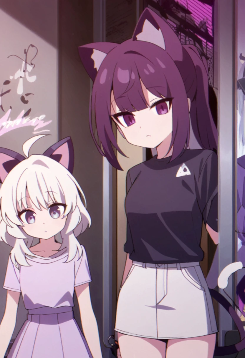 Make a man, 2d with female features white hair, cat ears and tail the same color as the hair, casual purple and white femboy outfits, Light purple eyes mixed with dark feminine features, artwork style:Masayoshi Tanaka, just one character