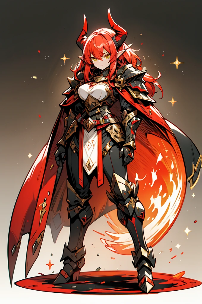 female elf dragonoid knight, pointy ears, skin dracônic scales, adorned full plate armor, Yellow eyes, fire red hair, Adorned black cape, full body art full deatailed, majestic dragon horns.