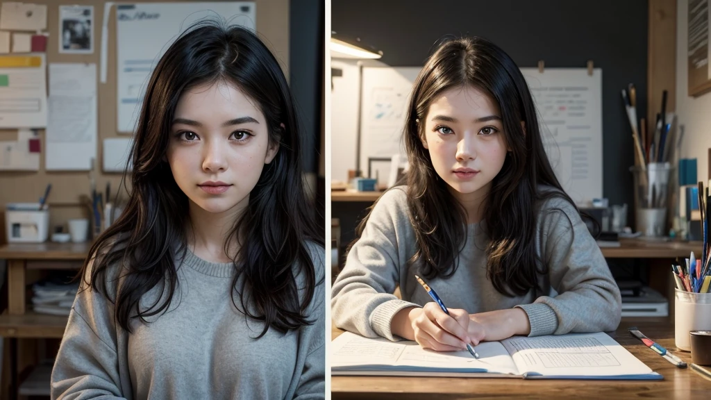 Create a YouTube thumbnail featuring a young woman in her mid-twenties. She is looking thoughtful, with a half-smile, and positioned centrally in the image. The left side of the background should depict a dimly lit office environment, while the right side transitions to a bright, artistic studio with art supplies like sketchbooks and paintbrushes. Overlay the text 'Life-Changing Story After 25' in bold, easy-to-read fonts. Use contrasting colors to make the text stand out, and add a subtle glow or shadow effect to enhance the title's visibility. The overall design should evoke curiosity and motivation, encouraging viewers to click.