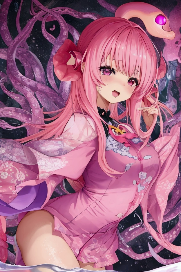 anime girl with pink hair and a purple dress holding a pink octopus, Fine details. anime. Tentacles, some Tentacles are touching her, Tentacles around, covered with Tentacles, Humanoid Pink Woman, splash art anime , digital art on Pixiv, Pixiv, From the Azur Lane video game, anime fantasy illustration、Tentaclesが女性期に挿入されている、Tentaclesが乳首に吸い付いている、Woman panting、A woman is enjoying herself、rape、Being tormented、Tentaclesは全て敵、Erotic