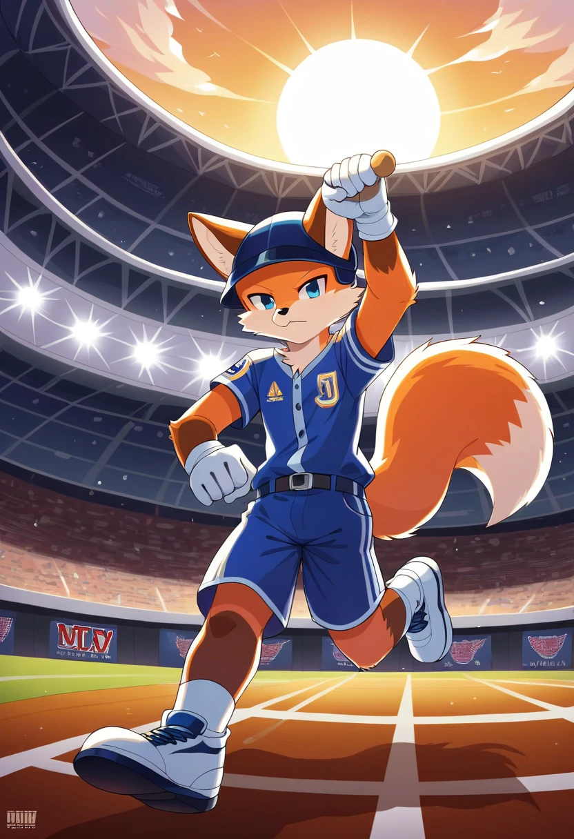 ((Masterpiece)), ((Best Quality)), (Very Detailed), ((Very Detailed)), 4K, (8K), very aesthetic, absurdres highres, 1man, (anthropomorphic fox, furry, kemono:1.8), Baseball player, pitching, throwing the ball, blue uniform, helmet, glove, stadium, audience, scoreboard, evening, sunset, shadow, team logo, uniform number, serious expression, cheering crowd, stadium lighting, stadium structure