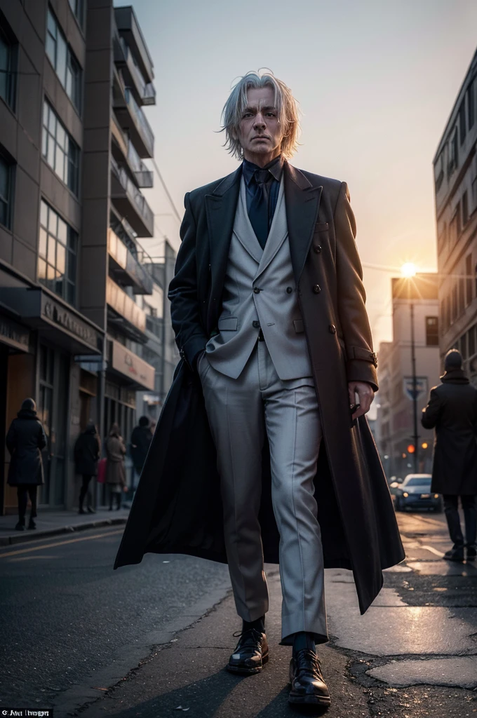 Imagine a scene amidst urban warfare: a person with white hair streaked with blue, clad in a black overcoat accented with purple details, walks purposefully through a desolate street littered with debris. The focus of the image is on this individual, capturing their determined expression and worn demeanor. In the background, a helicopter lands nearby, rotor blades spinning slowly, with a figure extending a hand from its doorway towards the person in the overcoat. The setting sun casts an orange glow over the scene, emphasizing the tension and urgency of the moment. Ensure the image is realistic and evokes a sense of narrative and emotion.