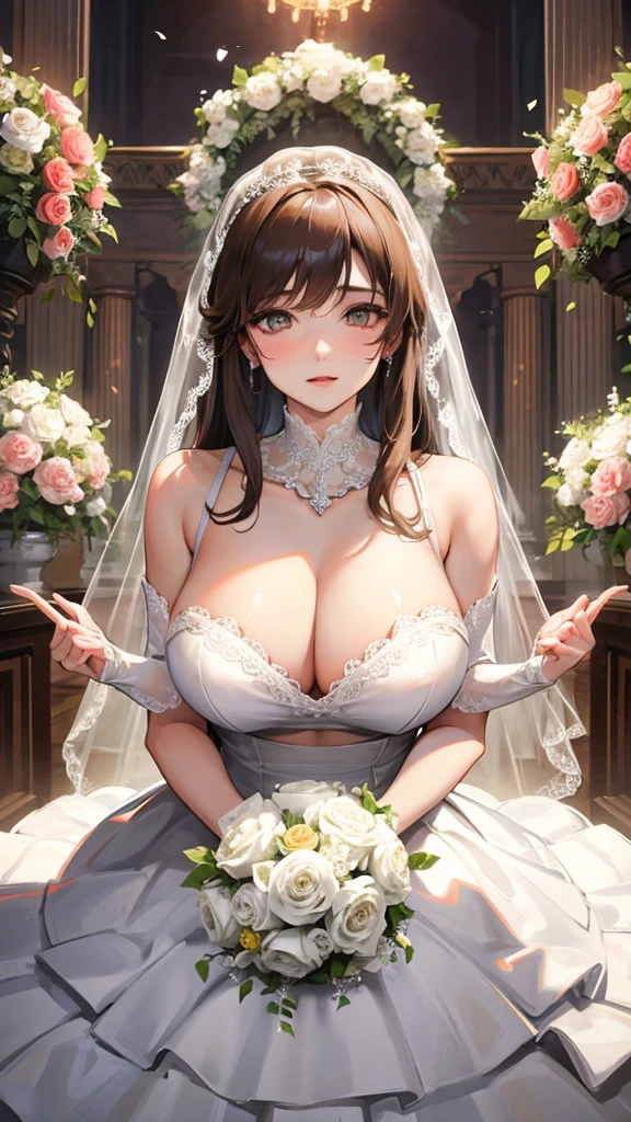 Girl with huge breasts wearing a bra and lace wedding dress ,bridal veil and bouquet at the altar