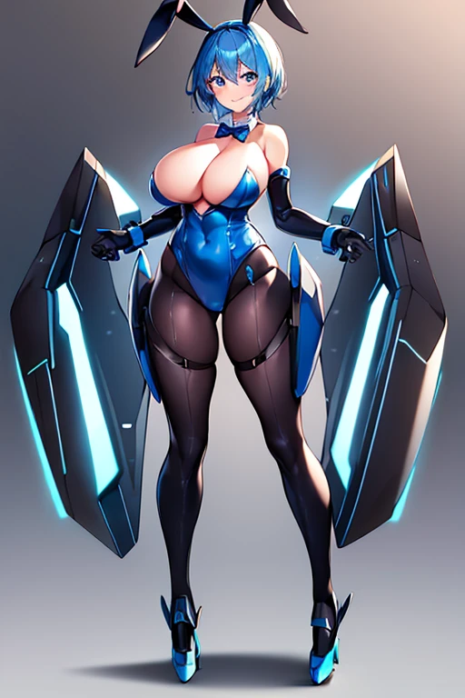 1girl, blue hair, large breasts, bunny ears, rabbit ears, wide hips, bodysuit, black bodysuit, short hair, very short hair, science-fiction, tech, futuristic, machinery, full body, ((full body)), smile, light smile, robot girl, drone, high heels, neon trim, neon lights