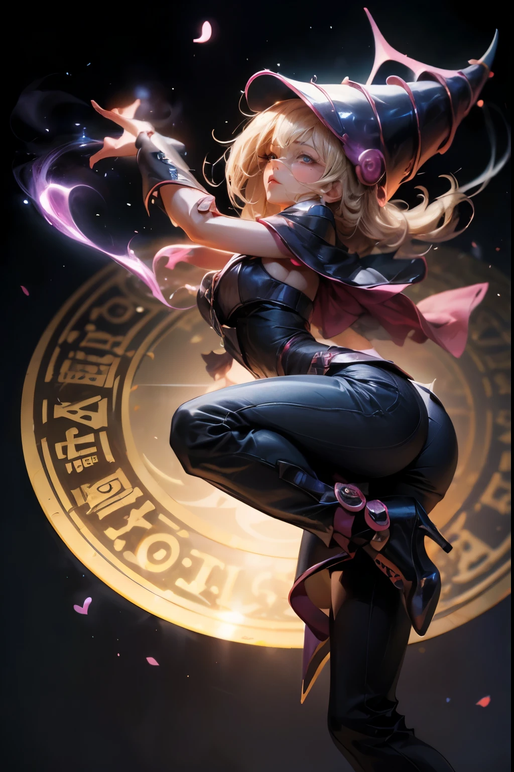 dark magician gils, with high-heels. pants, sexy, Subjective and sensual pose. magic background. Magical heart in the air. magic circle