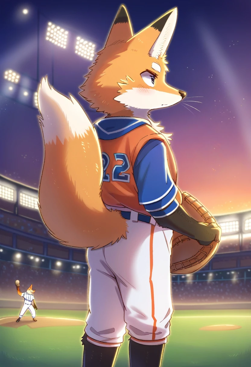 ((Masterpiece)), ((Best Quality)), (Very Detailed), ((Very Detailed)), 4K, (8K), very aesthetic, absurdres highres, 1man, (anthropomorphic fox, furry, kemono:1.8), Baseball player, pitching, throwing the ball, blue uniform, helmet, glove, stadium, audience, scoreboard, evening, sunset, shadow, team logo, uniform number, serious expression, cheering crowd, stadium lighting, stadium structure