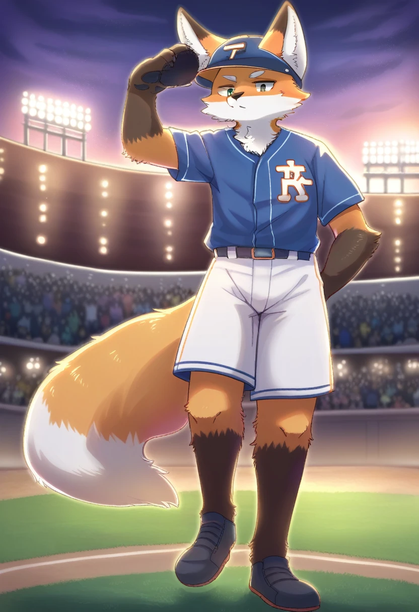 ((Masterpiece)), ((Best Quality)), (Very Detailed), ((Very Detailed)), 4K, (8K), very aesthetic, absurdres highres, 1man, (anthropomorphic fox, furry, kemono:1.8), Baseball player, pitching, throwing the ball, blue uniform, helmet, glove, stadium, audience, scoreboard, evening, sunset, shadow, team logo, uniform number, serious expression, cheering crowd, stadium lighting, stadium structure