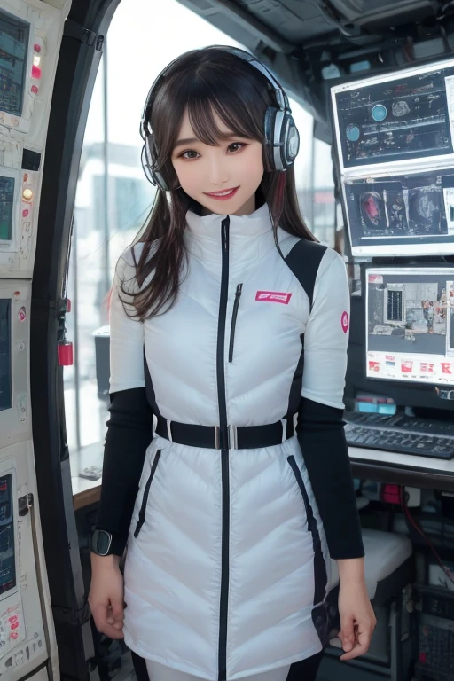 masterpiece, Highest quality, Very detailed, 8K Portrait,Japanese Android Girl,plump , Control panel,Robotic arms and legs, Blunt bangs,,break (Metallic Gray, Metallic luster, Mirror finish, Astro Best):5,headphone:5,break (Black sleeves):100,Smart Watches,Futuristic space station,Control Room,break headphone,blue eyes,(Black Hair):2,(Long Hair):1.3,Viewer Display,(respirator),break blush:3,Hidden Hand,smile