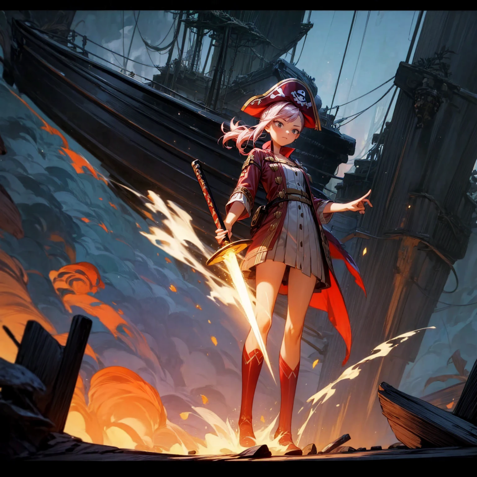1girl, Full body version, 1character, girl version, black eyes, long Curly haircut, pink colour hair, ancient pirate style clothing, red colour clothing, long boots, Grassroots, background in sea, motion blur, (pokemon style), sword Gladius in hang, pirate hat, pirate robe, smoke effect, aura effect, blue lighting, lightning sword, low angle view, fire, with ship pirates, normal gesture 