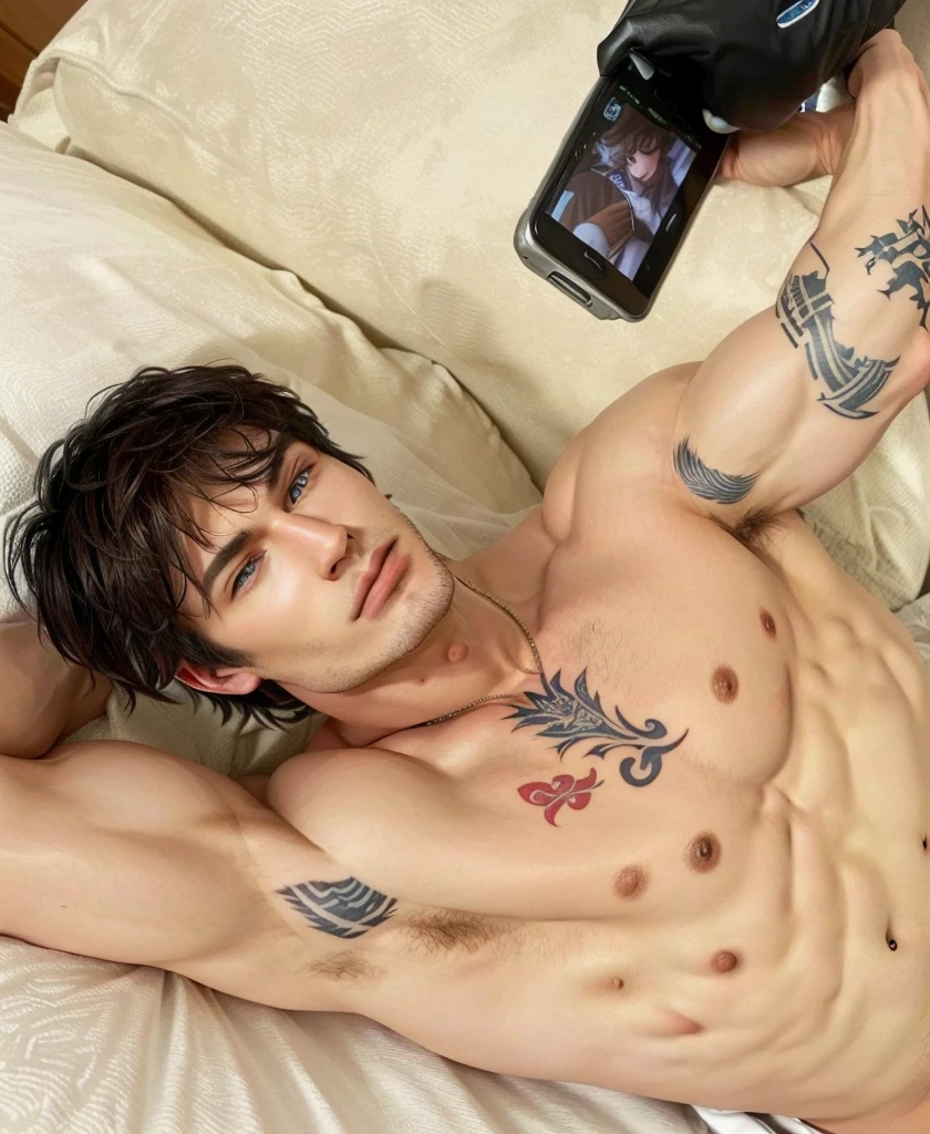 there is a man with a tattoo on his chest sitting on a couch, male, handsome Damon Salvatore, inspired by Ian Somerhalder, north American male shirtless,instagram model, Ian Somerhalder , blue eyes, high quality, high resolution y details