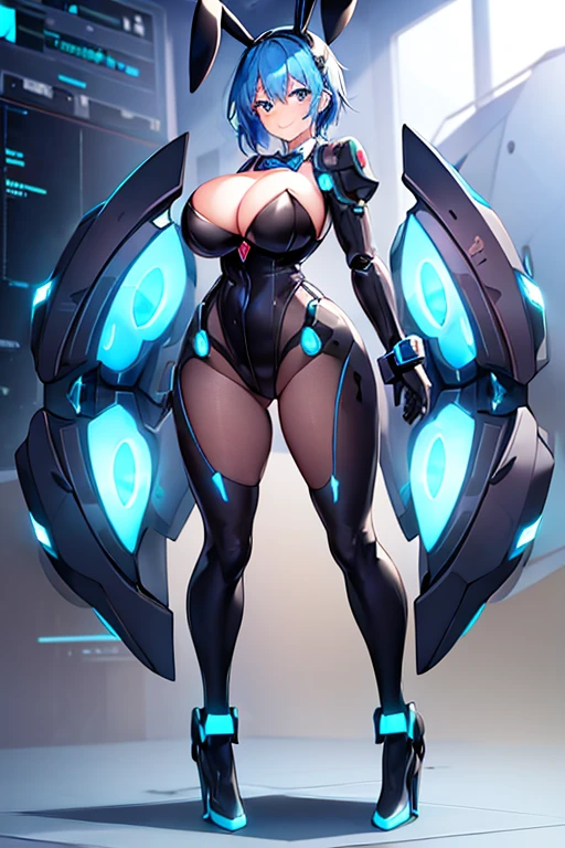 1girl, blue hair, large breasts, bunny ears, rabbit ears, wide hips, bodysuit, black bodysuit, short hair, very short hair, science-fiction, tech, futuristic, machinery, full body, ((full body)), smile, light smile, robot girl, drone, high heels, neon trim, neon lights