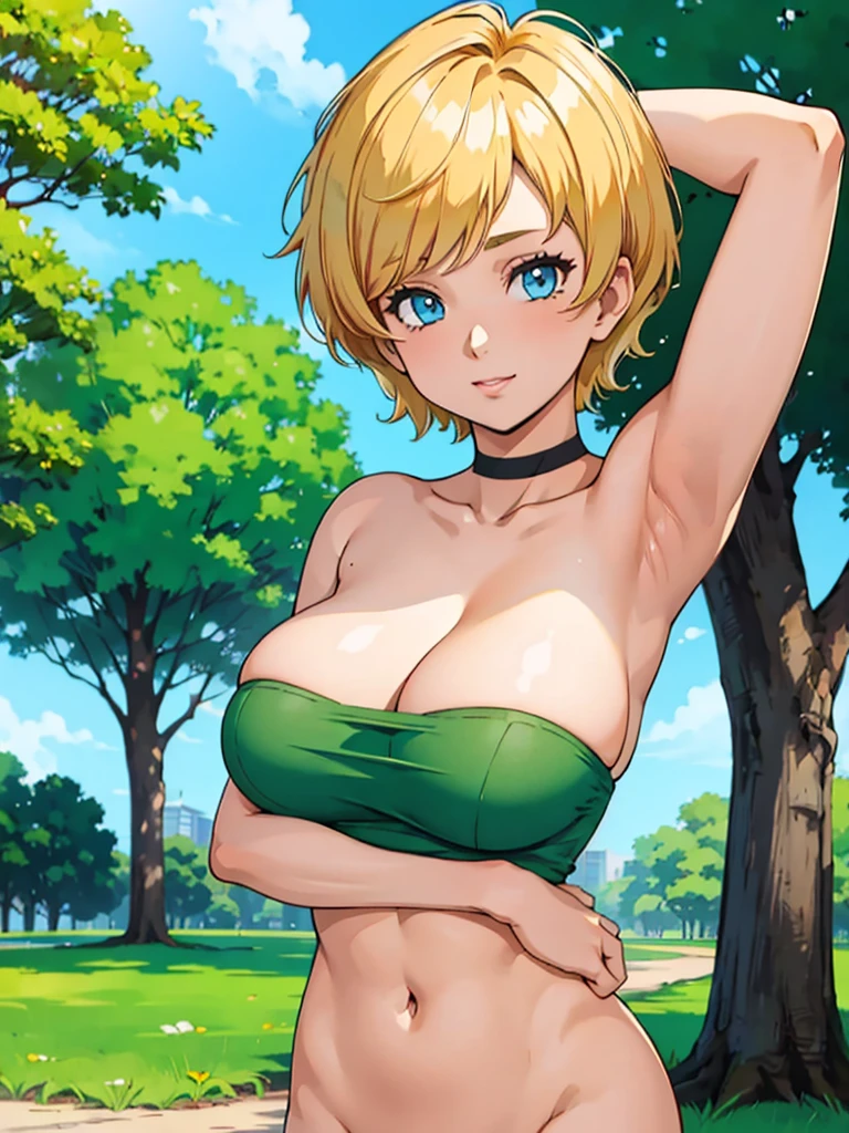 Solo, 1 girl, beautiful Erasa down strapless green shirt to show massive to the viewer, walking in the park at afternoon, orange sun, blonde short hair, deep blue eyes, arms up, massive breast