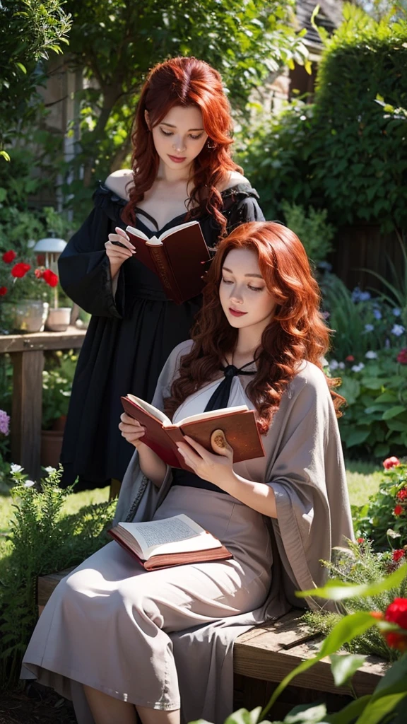 A 25 year old realistic witch with curly red hair sitting in her garden reading a book,