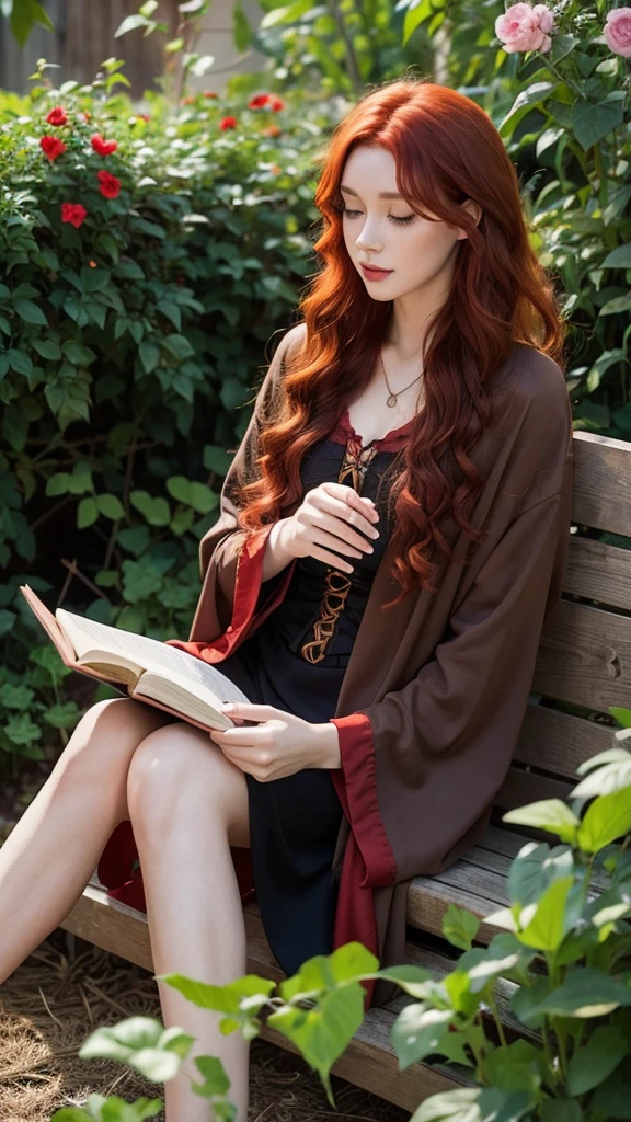 A 25 year old realistic witch with curly red hair sitting in her garden reading a book,