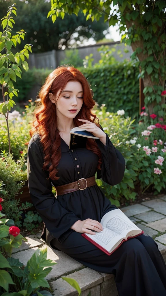 A 25 year old realistic witch with curly red hair sitting in her garden reading a book,