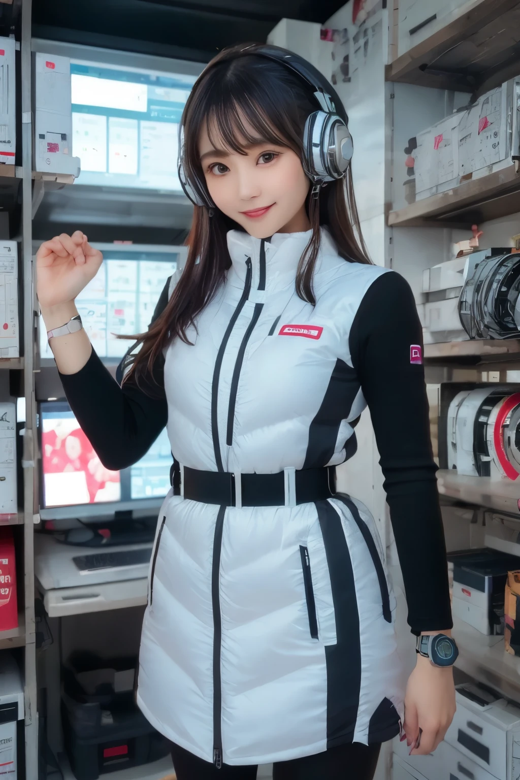 masterpiece, Highest quality, Very detailed, 8K Portrait,Japanese Android Girl,plump , Control panel,Robotic arms and legs, Blunt bangs,,break (Metallic Gray, Metallic luster, Mirror finish, Astro Best):5,headphone:5,break (Black sleeves):100,Smart Watches,Futuristic space station,Control Room,break headphone,blue eyes,(Black Hair):2,(Long Hair):1.3,Viewer Display,(respirator),break blush:3,Hidden Hand,smile