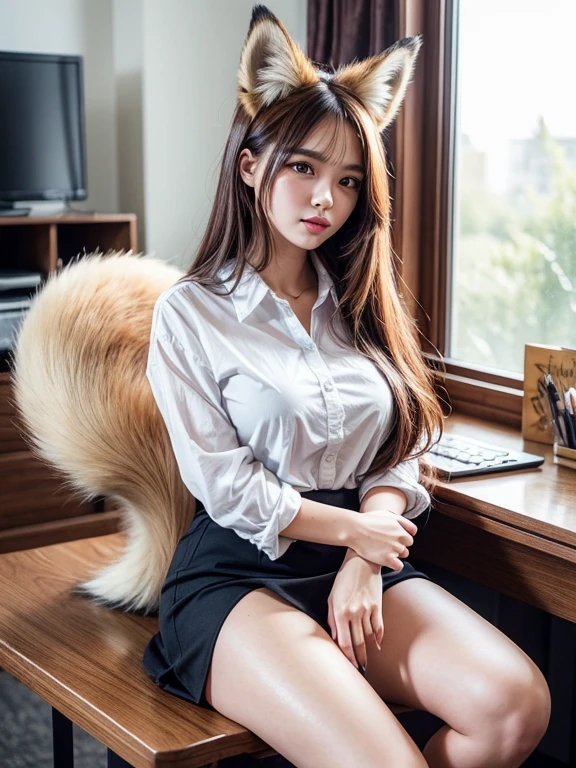 ((Highest quality)), ((masterpiece)), (Familiar), Perfect Face, fox lady, Pretty girl, Fox Ears, Fox tail, She has a northern fox tail, She wags her fluffy tail, She is a pretty office worker., Beautiful hip line, Thick thighs, Big tail, The tail is sticking out from the skirt, Nice body, Shyly staring at his tail, Only one tail, a shy face