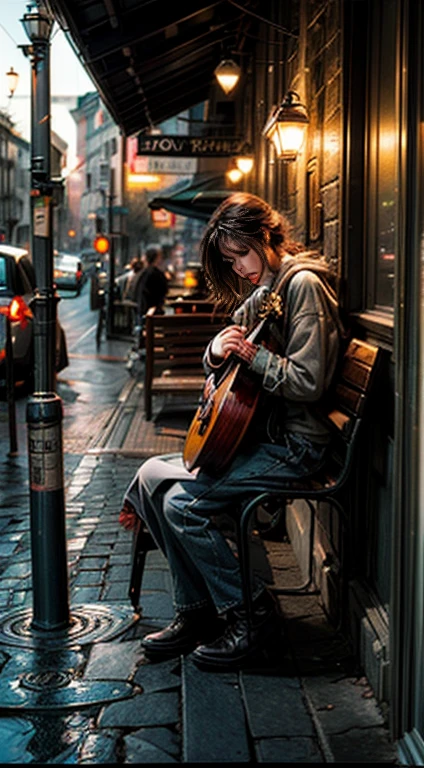 /imagine "A warm, Lo-Fi acoustic scene set in a monochrome film-style city, old-fashioned buildings with intricate architectural details, vintage street lamps casting soft light, cobblestone streets or narrow alleys. A street musician playing an acoustic guitar on a corner, open guitar case with a few coins inside, worn wooden bench where people sit and listen. People in vintage clothing walking or chatting, a small café with outdoor seating, bicycles leaning against walls or parked along the street. Grainy texture and subtle film scratches, contrast between deep blacks and soft whites, soft vignetting around the edges of the image. A sense of nostalgia and warmth, the soft sound of guitar strumming and ambient city noise, slow-paced relaxing ambiance. Monochromatic palette with warm tones, soft lighting with gentle highlights and shadows, subtle reflections and textures."