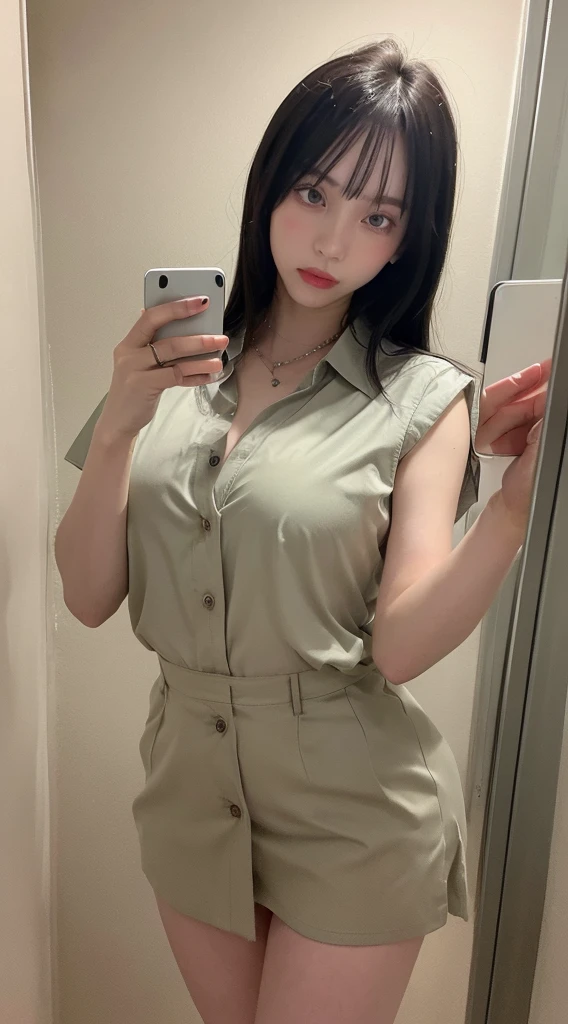 ,Highest quality, figure, Super detailed, In detail, High resolution, 8k wallpaper, Thick lips、Perfect dynamic composition, Glossy with oil々Skin、Korean、Unbutton your shirt to show off your 、NSFW.Undressing、Short skirt。Shiny thighs,Thick thighs、Narrow waist、Big Breasts、 Natural color lip, Bold sexy pose,Toilet room、cute、Selfie、NSFW、Incême、Up Angle、Selfie、