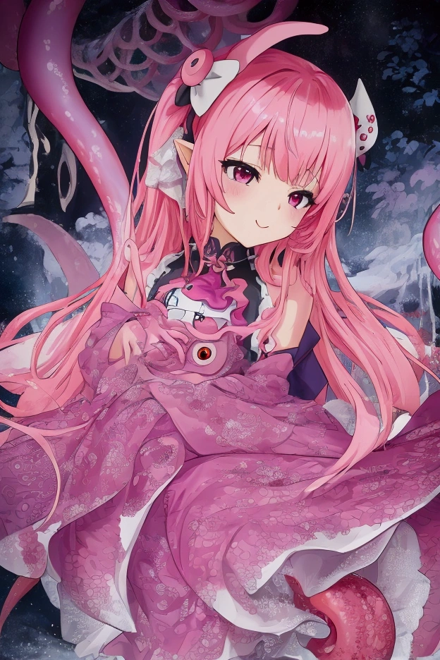 anime girl with pink hair and a purple dress holding a pink octopus, Fine details. anime. Tentacles, some Tentacles are touching her, Tentacles around, covered with Tentacles, Humanoid Pink Woman, splash art anime , digital art on Pixiv, Pixiv, From the Azur Lane video game, anime fantasy illustration、Tentaclesが女性期に挿入されている、Tentaclesが乳首に吸い付いている、Woman panting、A woman is enjoying herself、rape、Being tormented、Tentaclesは全て敵、Erotic、A woman is enjoying herself