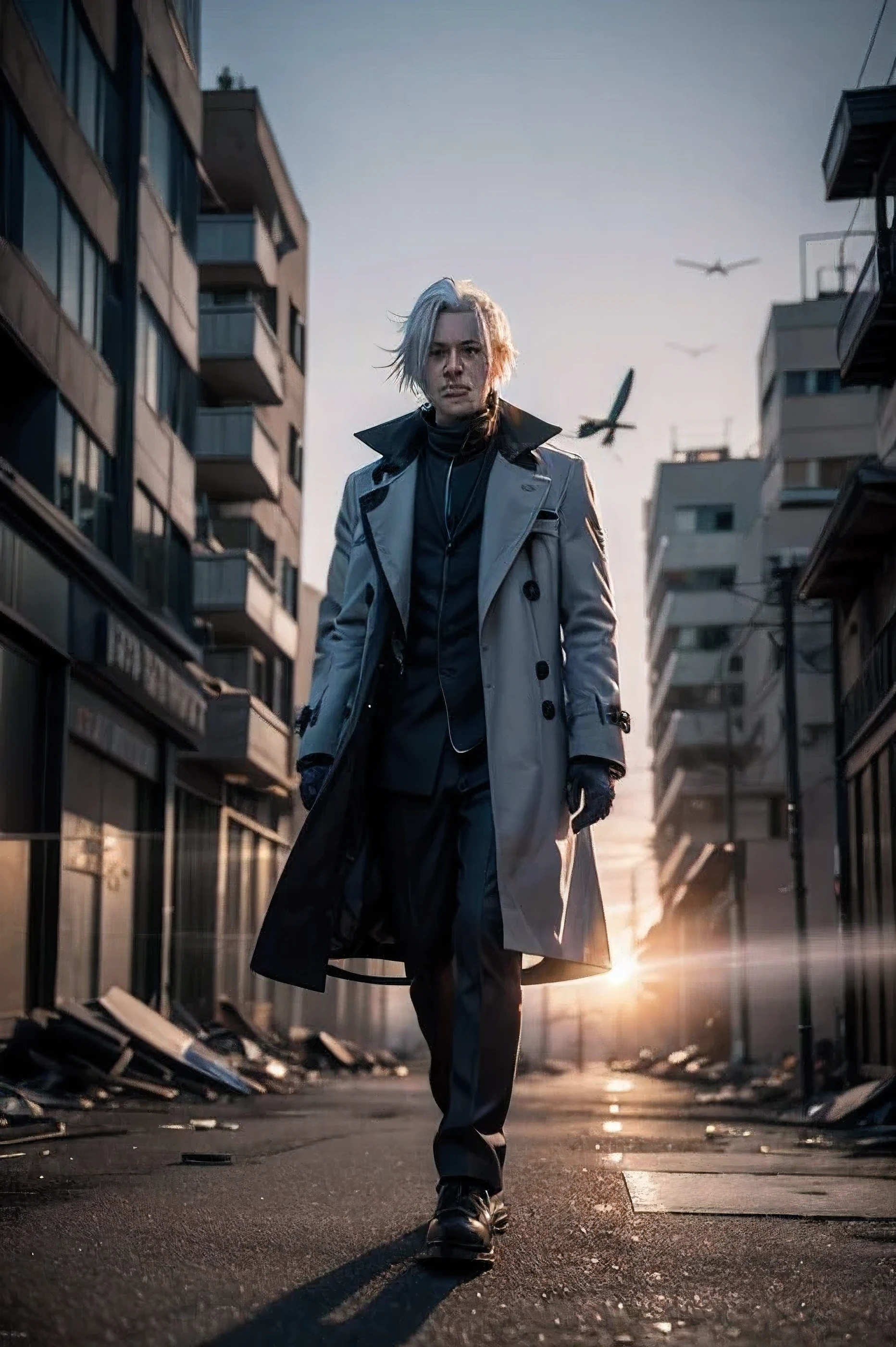 Imagine a scene amidst urban warfare: a person with white hair streaked with blue, clad in a black overcoat accented with purple details, walks purposefully through a desolate street littered with debris. The focus of the image is on this individual, capturing their determined expression and worn demeanor. In the background, a helicopter lands nearby, rotor blades spinning slowly, with a figure extending a hand from its doorway towards the person in the overcoat. The setting sun casts an orange glow over the scene, emphasizing the tension and urgency of the moment. Ensure the image is realistic and evokes a sense of narrative and emotion.