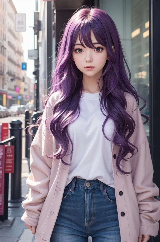 Create an anime of a girl with purple wavy hair