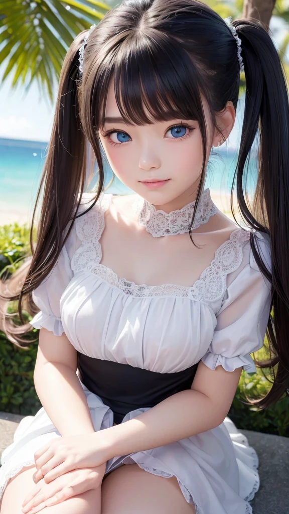 ((masterpiece)), ((highest quality、Ultra high definition)), (Very detailed),8K、Photo quality、((Amazingly cute girl)),16-year-old girl)), Two people, , (Beautiful emerald blue eyes), ((smile)),In the open-air bath overlooking the sea, Beautifully arranged black hair in twin tails、whole body、Cute lolita maid style swimsuit))、Professional Lighting、(White lace knee-highore detailed and beautiful)、(More details and cutenesore realistic)、(((Just wear light clothing)))、プールではしゃぐ、