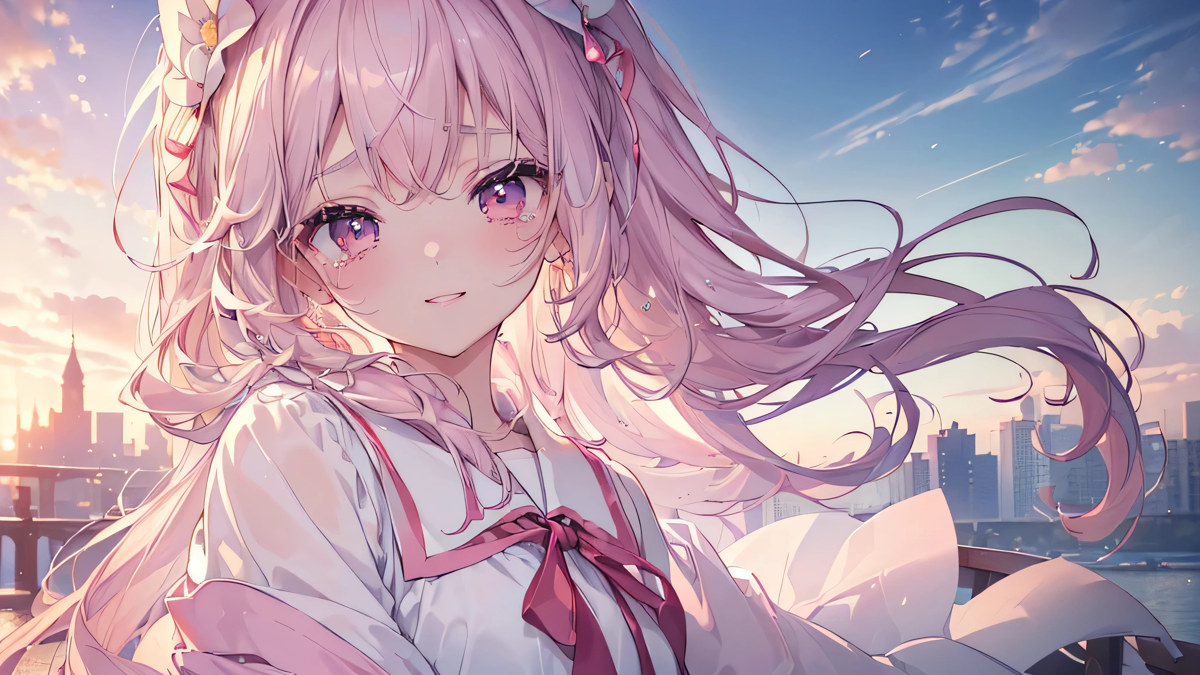 (((Highest quality、masterpiece、Ultra-fine、Ultra-fine、Exquisite、16K、Full HD,Asahi,high school girl,))) 、Dark Eyes、Long eyelashes、White skin、(Pale pink lips、Pale pink cheeks、thin and long)、 ((cute)) ((One person)) 、((tears,The best smile)) 、Wide Shot、epic proportion)、