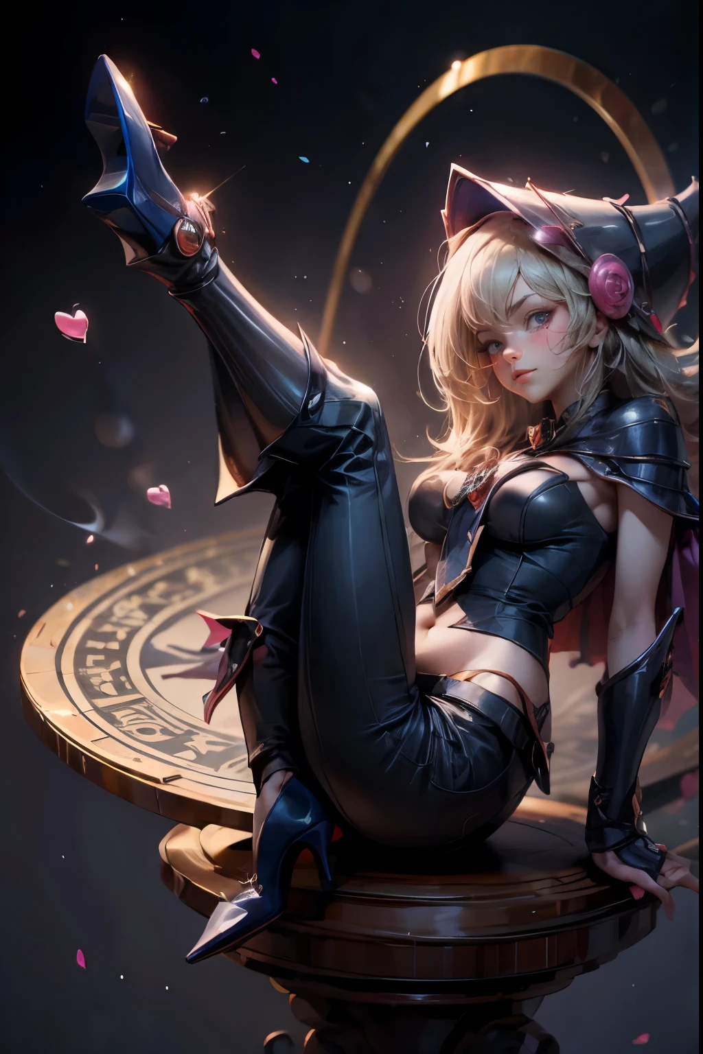 dark magician gils, with high-heels. pants, sexy, Subjective and sensual pose. magic background. Magical heart in the air. magic circle