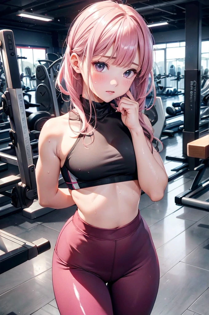 Absurd, Super detailedな,(In 8K:1.3),Masseter muscle area,(masterpiece:1.2)、(Highest quality)、4K、Super detailed、(Movement Structure:1.4)、(Shining Lights、Atmosphere lighting), High resolution, Best Quality、(One girl:1.4),Super detailedな,Bright colors、Treebreak Production Art、(Warm color light source:1.2),High-level image quality、Fine image quality、Intricate details,Volumetric Lighting,Realism BREAK、Profile、 Idol face、、Very beautiful face and eyes, Beautiful images、natural make up、 big eyes,
(Big Tits)、(glossy skin :1.5)、(Baby Face:1.5)、(Sweat:1.2)、
(sports gym:1.2) 、(fitness center:1.2)、
(pink hair,blunt bangs,medium hair)、
(sports bra:1.2)、(leggings:1.2)、
(shy, embarrassed)
