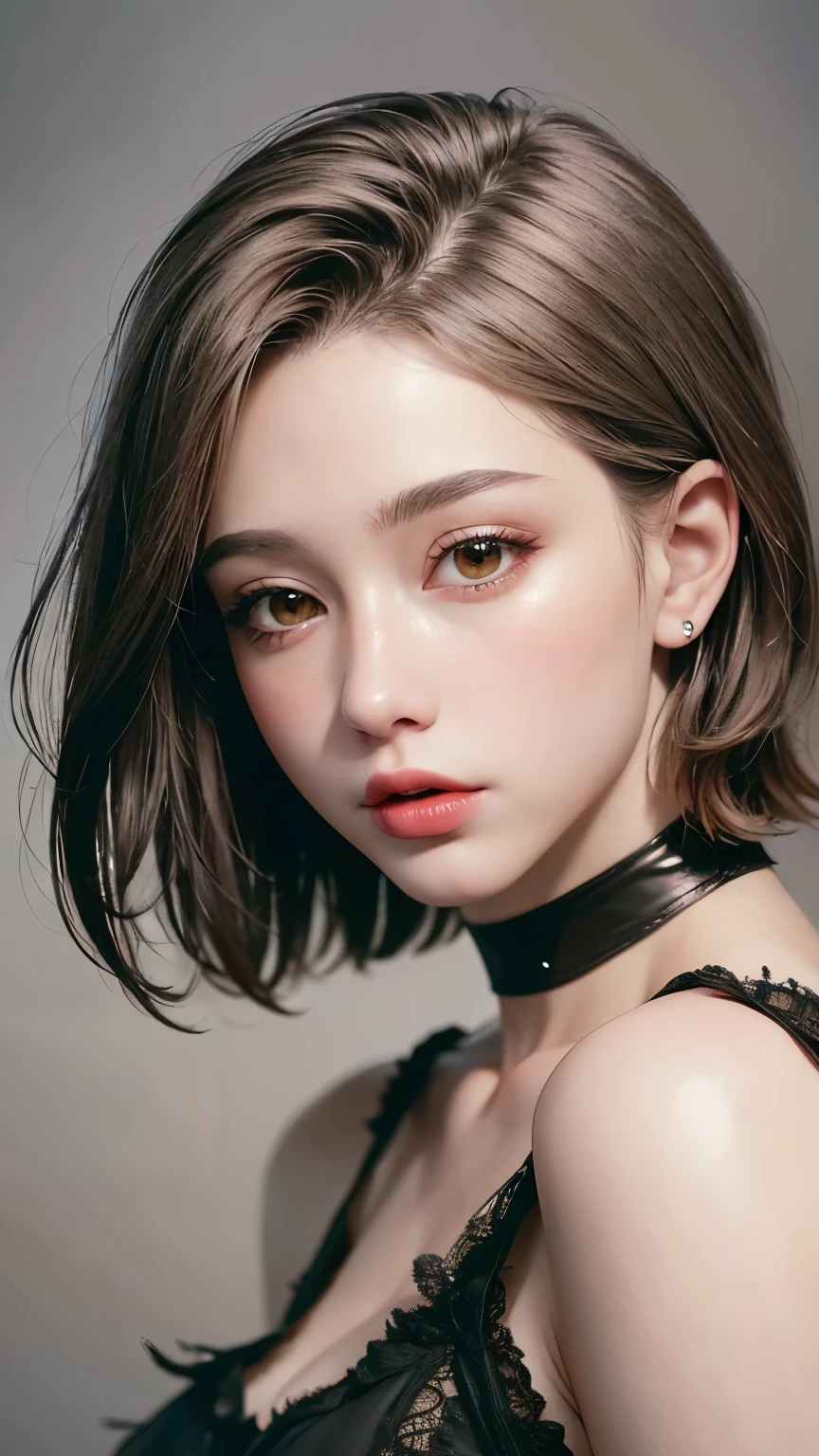 Masterpiece hyperrealist & Photorealistic beautiful girl, Realistic Skin (Pore-filled skin) Short Bob Cut Hair, Realistic red lips,Punk Girl, (head shot:1.5),Shorts