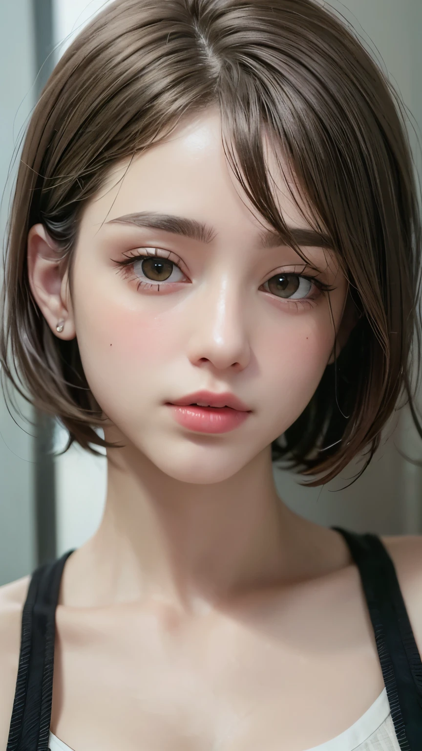 Masterpiece hyperrealist & Photorealistic beautiful girl, Realistic Skin (Pore-filled skin) Short Bob Cut Hair, Realistic red lips,Punk Girl, (head shot:1.5),Shorts