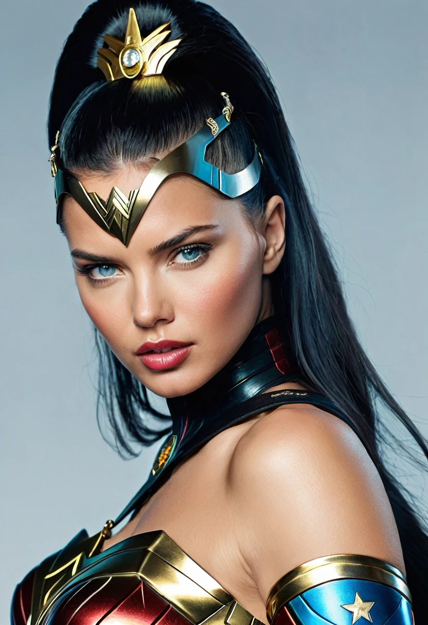 (((In extreme close-up, a cyber punk woman Adriana Lima under the mantle of the Amazon warrior (((a part of his head shaved))) Wonder Woman Diaema Cyber Punk front images color images Splash Wonder Woman Diaema Wonder Woman Cyber Punk))),(((a part of his head shaved))),(((Diaema Wonder Woman))),(((shaved))),(((black hair))),(((Diaema Led Wonder Woman))),(((Diaema Led Wonder Woman))),(((shaved))),(((Diaema Tiara)))
