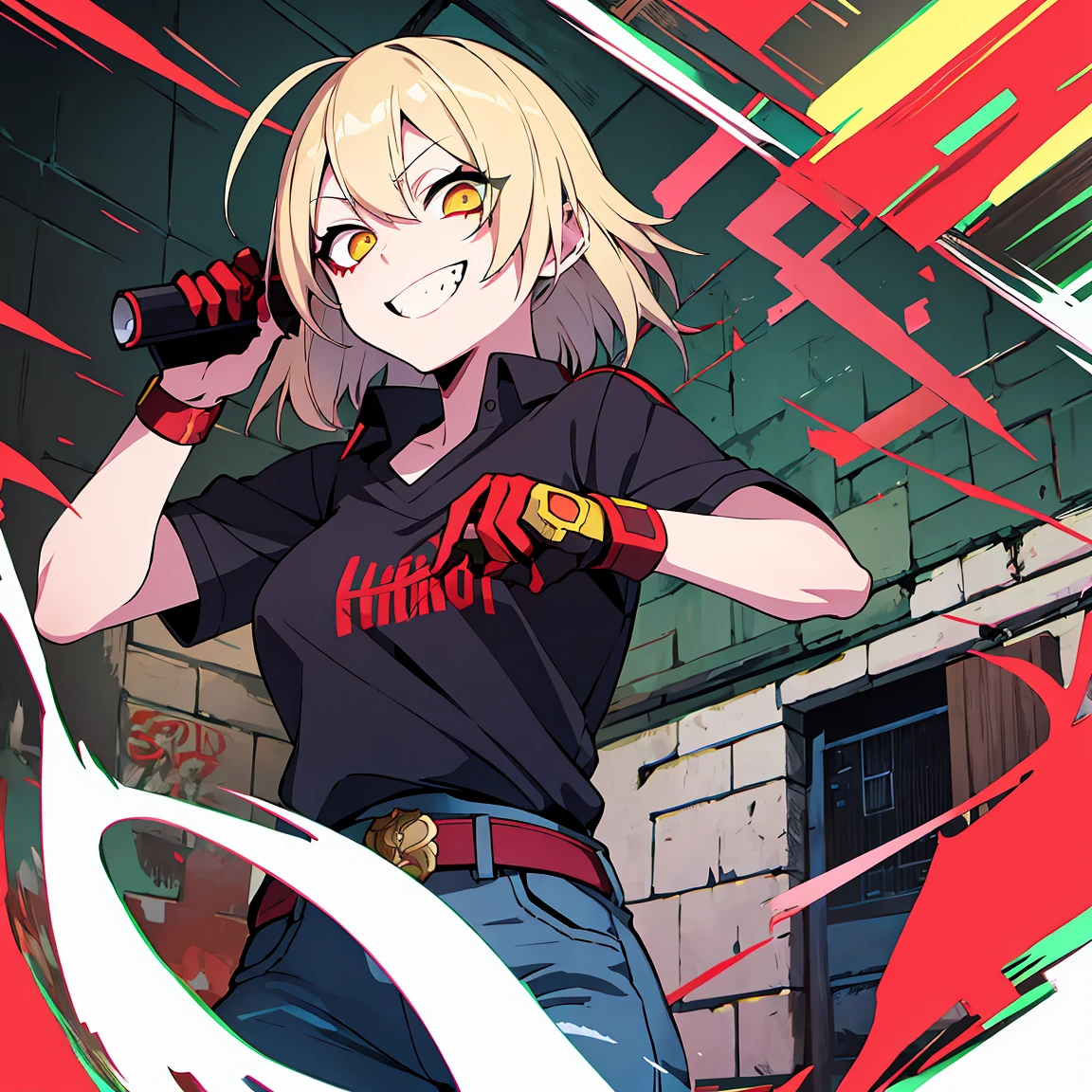 Anime girl, Short blonde hair with red highlights, Pointed teeth, macabre smile, black shirt with print, Jeans, personalized machine gun, white wall, Graffiti, Yellow and red green paint.