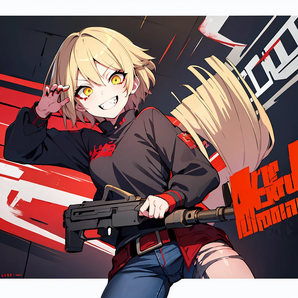 Anime girl, Short blonde hair with red highlights, Pointed teeth, macabre smile, black shirt with print, Jeans, personalized machine gun, white wall, Graffiti, Yellow and red green paint.