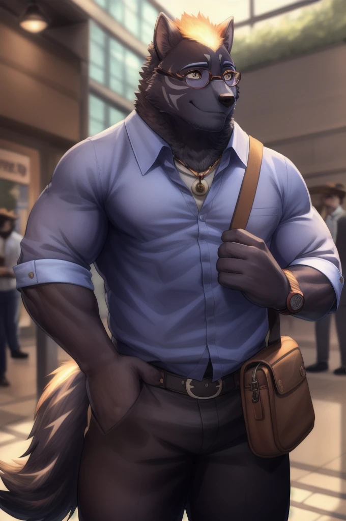 Furlong, male muscles, Bara, orange eyes, wolf tail, black fur, (pose:1.3), (โพสpose:1.3), (soft shading), 4K, hi res, five fingers, มือdetailed, ((ใบหน้าโดยdetailed, (ตาdetailed:1.0), detailed)), (full body), by zackarry911, by zaush, (by personalami:0.5), single, looking at the audience, Blush, smile, shirt, 1boy, hold, naked, focus man, Cowboy Shoot, glasses, trousers, bag,  bowl, electricity, Casual, Scars on the face, bowlทิ้ง, trousersขาสั้นสีเขียว, ผมelectricityสีน้ําเงิน