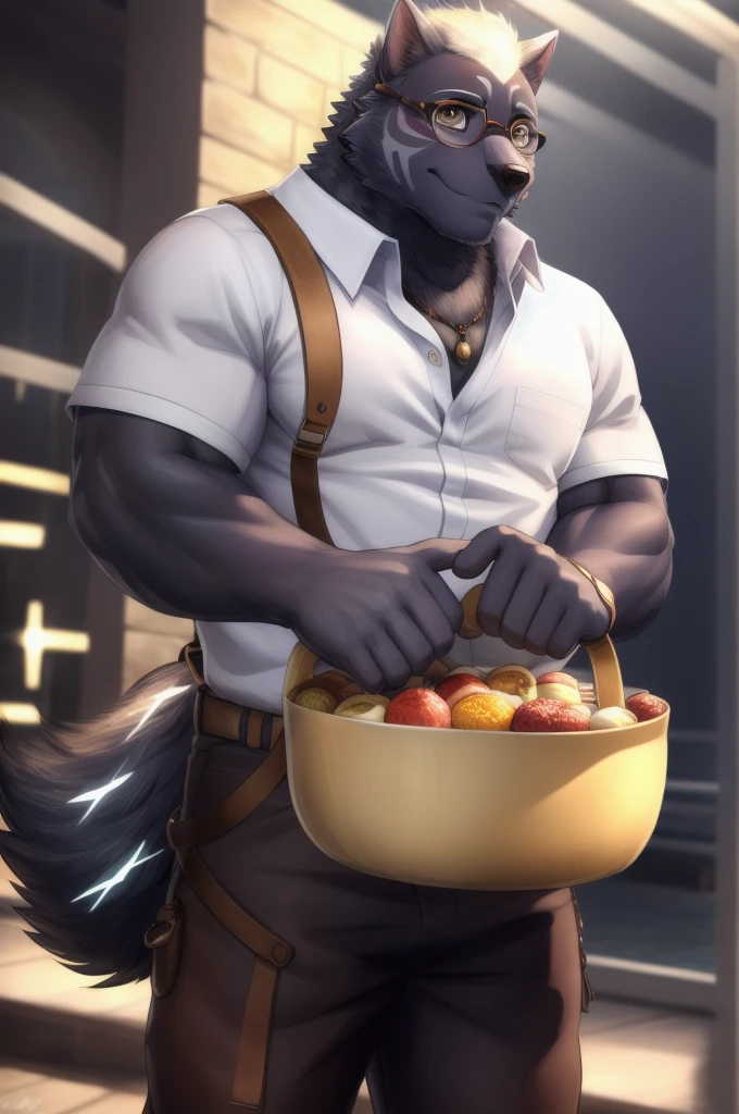 Furlong, male muscles, Bara, orange eyes, wolf tail, black fur, (pose:1.3), (โพสpose:1.3), (soft shading), 4K, hi res, five fingers, มือdetailed, ((ใบหน้าโดยdetailed, (ตาdetailed:1.0), detailed)), (full body), by zackarry911, by zaush, (by personalami:0.5), single, looking at the audience, Blush, smile, shirt, 1boy, hold, naked, focus man, Cowboy Shoot, glasses, trousers, bag,  bowl, electricity, Casual, Scars on the face, bowlทิ้ง, trousersขาสั้นสีเขียว, ผมelectricityสีน้ําเงิน