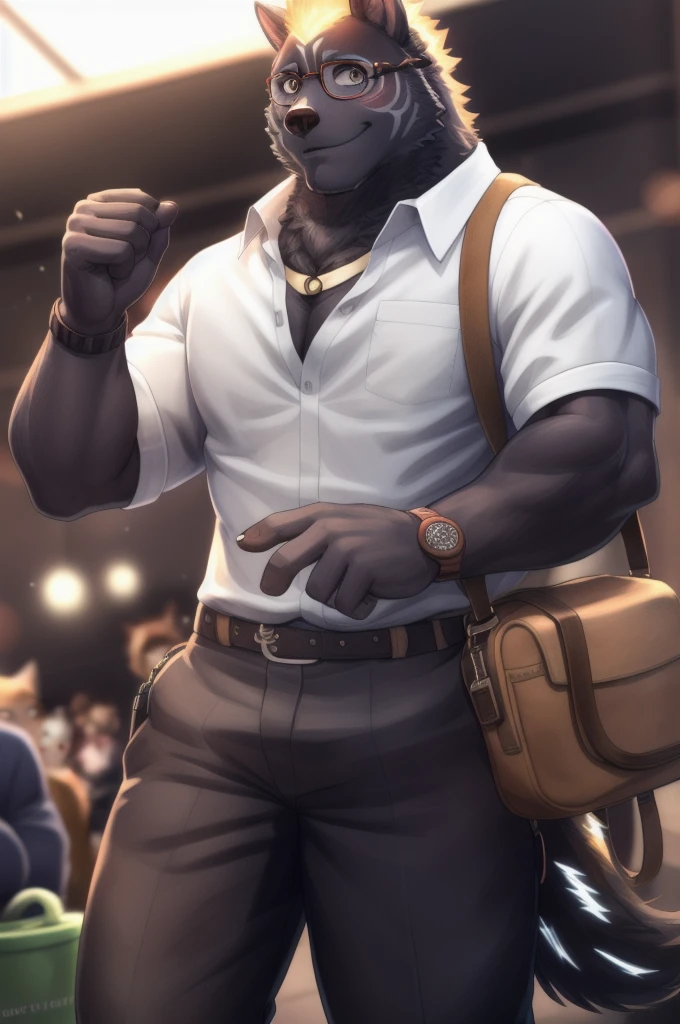 Furlong, male muscles, Bara, orange eyes, wolf tail, black fur, (pose:1.3), (โพสpose:1.3), (soft shading), 4K, hi res, five fingers, มือdetailed, ((ใบหน้าโดยdetailed, (ตาdetailed:1.0), detailed)), (full body), by zackarry911, by zaush, (by personalami:0.5), single, looking at the audience, Blush, smile, shirt, 1boy, hold, naked, focus man, Cowboy Shoot, glasses, trousers, bag,  bowl, electricity, Casual, Scars on the face, bowlทิ้ง, trousersขาสั้นสีเขียว, ผมelectricityสีน้ําเงิน