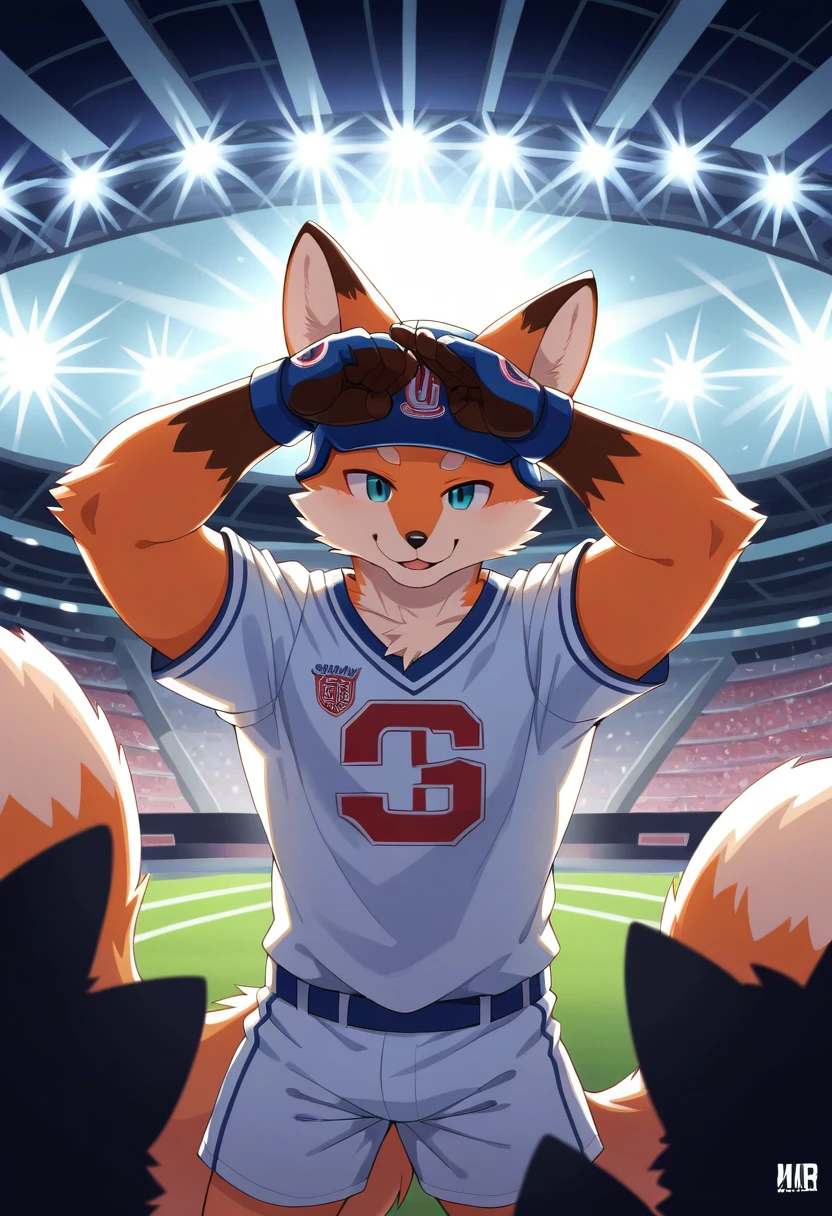 ((Masterpiece)), ((Best Quality)), (Very Detailed), ((Very Detailed)), 4K, (8K), very aesthetic, absurdres highres, 1man, (anthropomorphic fox, furry, kemono:1.8), Baseball player, catching, ball, white uniform, helmet, glove, stadium, audience, scoreboard, night, stadium lighting, shadow, team logo, jersey number, victory look, cheering crowd, stadium structure