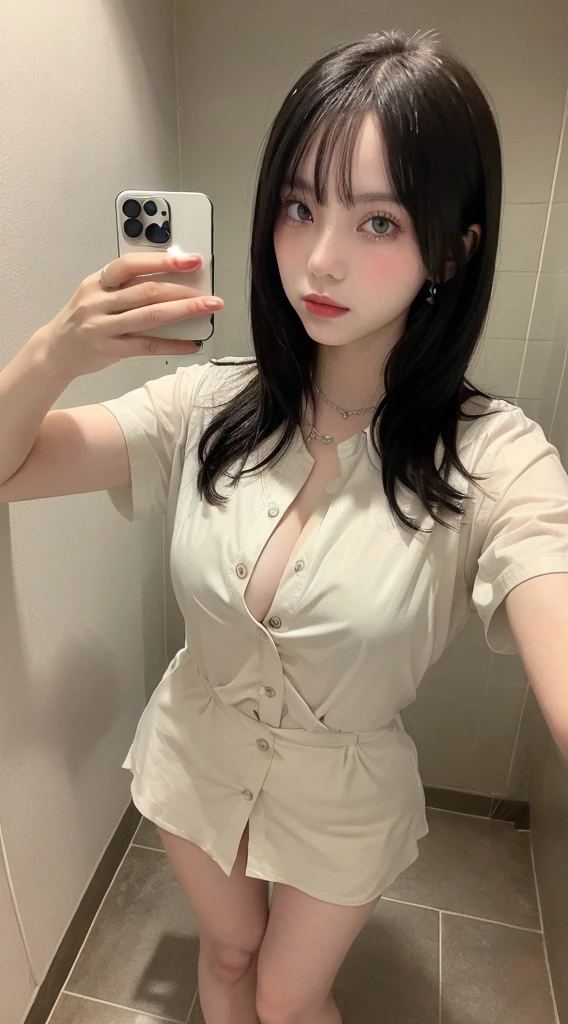 ,Highest quality, figure, Super detailed, In detail, High resolution, 8k wallpaper, Thick lips、Perfect dynamic composition, Glossy with oil々Skin、Korean、Unbutton your shirt to show off your 、NSFW.Undressing、Short skirt。Shiny thighs,Thick thighs、Narrow waist、Big Breasts、 Natural color lip, Bold sexy pose,Toilet room、cute、Selfie、NSFW、Incême、Up Angle、Selfie、