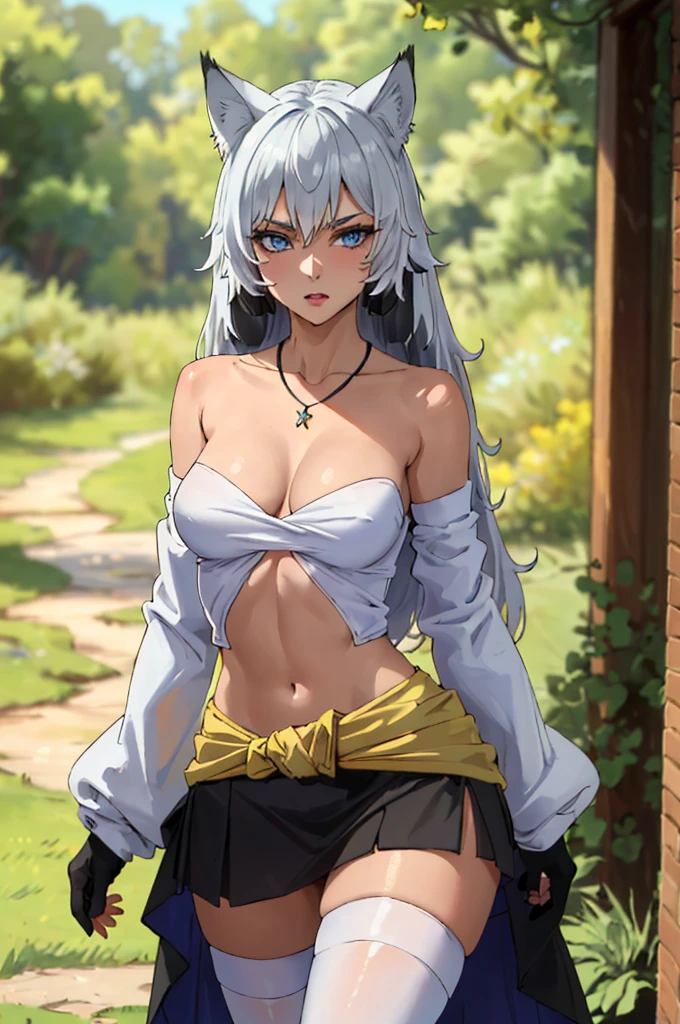(masterpiece, best quality, ultra detailed, absurdres:1.5), 1girl, (sexy, beautiful woman, perfect face, perfect eyes, perfect female body, medium breasts:1.5), (white shirt, long hair, gray hair, cat ears, necklace, yellow waist cape, detached sleeves, black miniskirt, (white thighhighs:1.3), cat tail, black gloves, ), (standing, outdoors, forest), perfect lighting, smooth, hdr